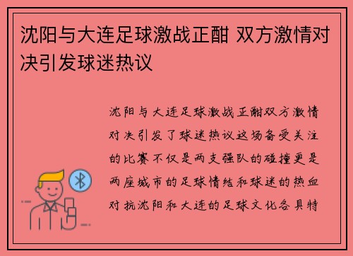 沈阳与大连足球激战正酣 双方激情对决引发球迷热议