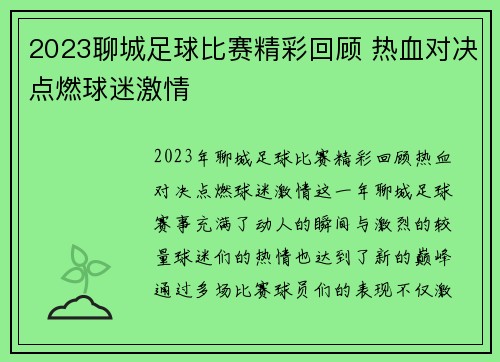 2023聊城足球比赛精彩回顾 热血对决点燃球迷激情