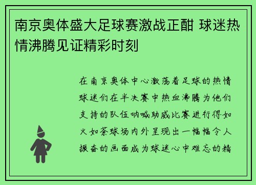 南京奥体盛大足球赛激战正酣 球迷热情沸腾见证精彩时刻