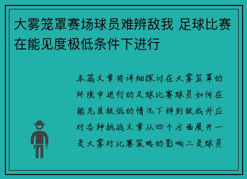 大雾笼罩赛场球员难辨敌我 足球比赛在能见度极低条件下进行