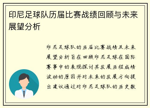 印尼足球队历届比赛战绩回顾与未来展望分析