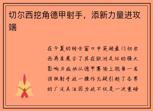 切尔西挖角德甲射手,添新力量进攻端