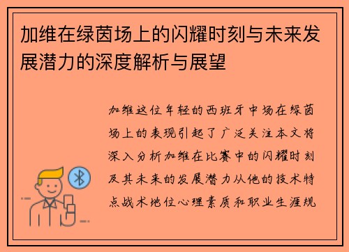 加维在绿茵场上的闪耀时刻与未来发展潜力的深度解析与展望