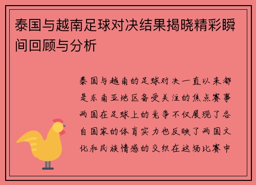泰国与越南足球对决结果揭晓精彩瞬间回顾与分析