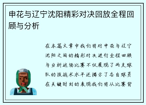 申花与辽宁沈阳精彩对决回放全程回顾与分析