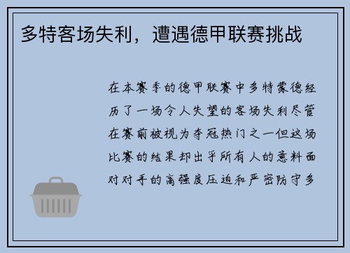 多特客场失利，遭遇德甲联赛挑战