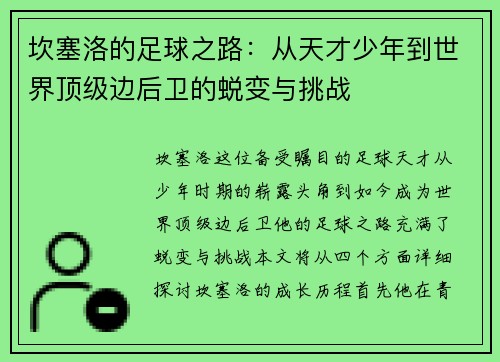 坎塞洛的足球之路：从天才少年到世界顶级边后卫的蜕变与挑战