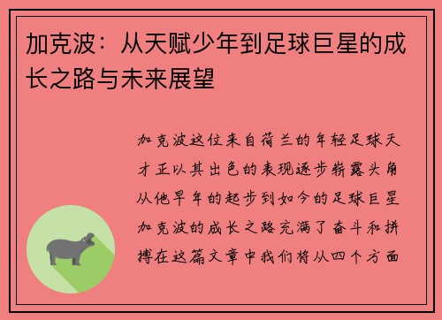 加克波：从天赋少年到足球巨星的成长之路与未来展望