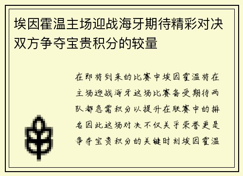 埃因霍温主场迎战海牙期待精彩对决双方争夺宝贵积分的较量