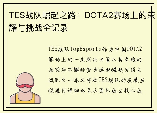 TES战队崛起之路：DOTA2赛场上的荣耀与挑战全记录