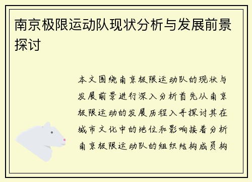 南京极限运动队现状分析与发展前景探讨